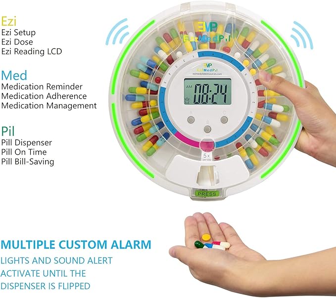 EziMedPil Automatic Pill Dispenser w/Audio & Visual Alerts, up to 6 Alarms/day, 6 Dosage Templates, Easy-Read LCD Display, Lock Medication Dispenser w/Key for Prescriptions, Vitamins & More, Clear Lid
