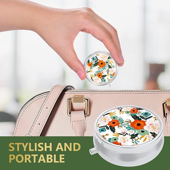 Nipichsha Pill Box, Small Pill Case for Purse & Pocket, Cute Travel Medicine Organizer, Portable Medicine Container Holder to Hold Vitamins, Medication, Fish Oil & Supplements, White Flowers
