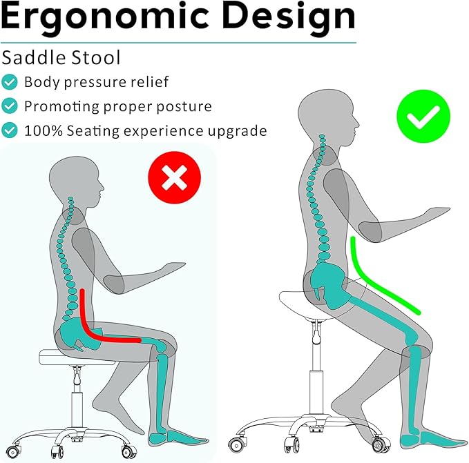 Professional Saddle Stool with Wheels Rolling Saddle Stool with Extra-Wide Base Heavy-Duty Stable Stool Adjustable Height Ergonomic Chair for Office, Workshop, Salon & Clinic