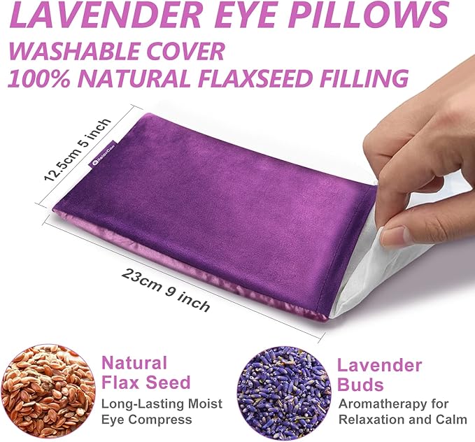 Lavender Eye Pillow for Relaxation, Yoga, Sleeping, Weighted Eye Mask Heated for Headache, Sinus, Dry Eyes Relief, Moist Heat Eye Compress, Meditation Accessories with Aromatherapy