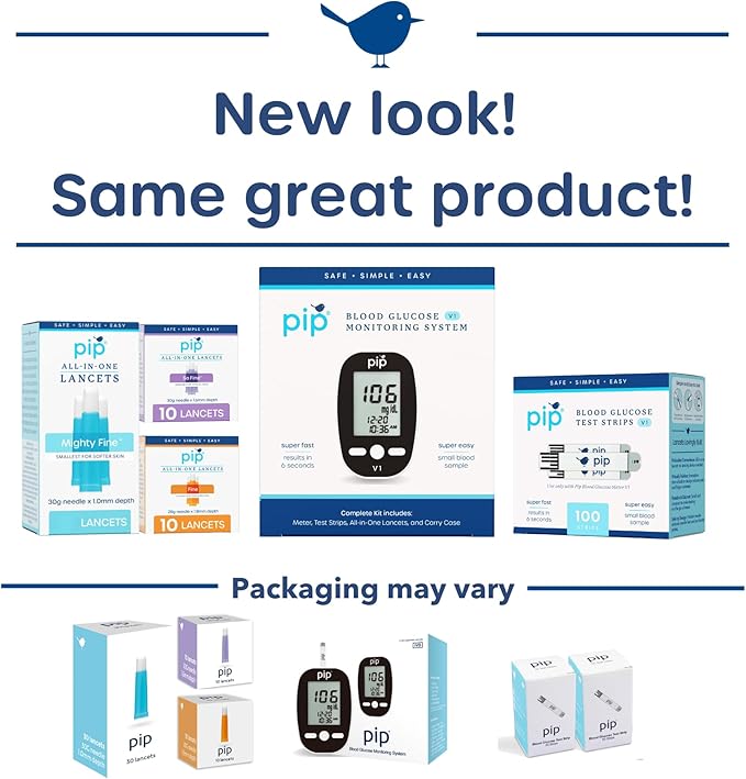 Pip Blood Glucose Monitor Kit with Preloaded Safety Lancets - Complete Diabetes Testing Kit with 100 Test Strips & Lancets | No Lancing Device Needed for Virtually Painless Blood Sugar Monitoring