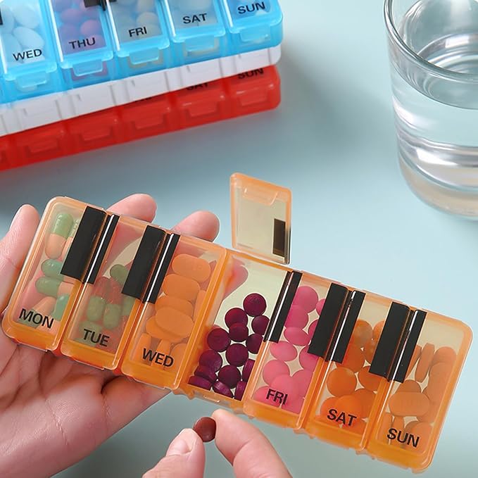 Pill Organizer 7 Day for Travel BPA Free Weekly Pill Organizer Piano-Keyboard Pill Box,Vitamin Organizer (Orange)