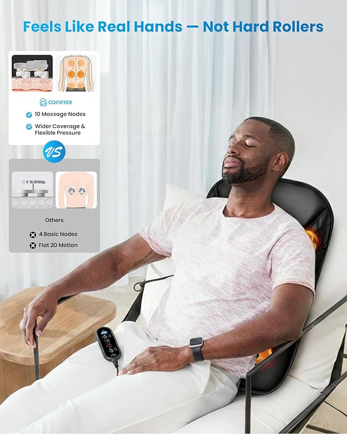 COMFIER Ultra-Slim Heated Back Massager for Chair,Deep Tissue Shiatsu Back Massager with Heat,Up–Down Moving 10 Massage Nodes,Upper/Lower/Full Back Relief,Gift for Women & Men
