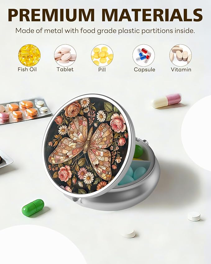 LRITER Pill Case, Portable Travel Pill Box, Pillbox Organizer, Cute Small Medicine Storage Container, Purse Accessories for Women, Men (Butterfly)