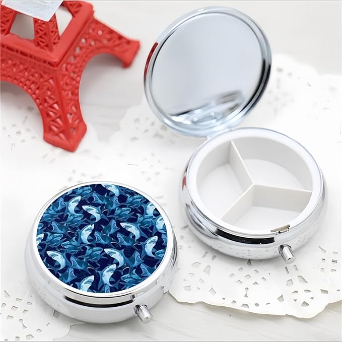 Pill Box 3 Compartment Pocket Small Pill Organizer Mini Metal Pill Holder Travel Portable for Man Old People and Children - Shark