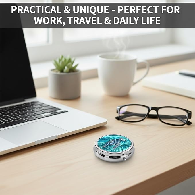 Round Pill Case Small Pill Box with Mirror Pocket 3 Compartment Vitamin Pill Medicine Case Organizer Pill Containers for Traveling Sea Turtle Wave Two