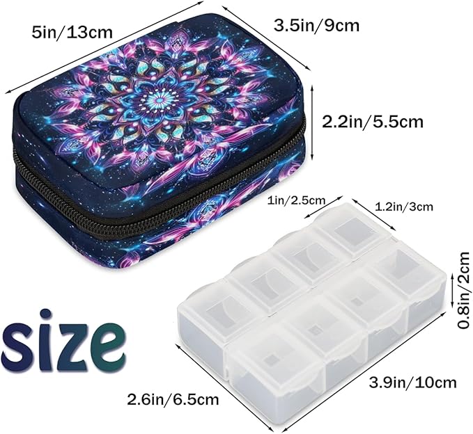 Mandala Purple Flower Travel Pill Organizer Box Weekly Portable Pill Case Daily Pills 7 Day Small Birth Control Pills Container Removable Compartments for Medicine Vitamins Fish Oil