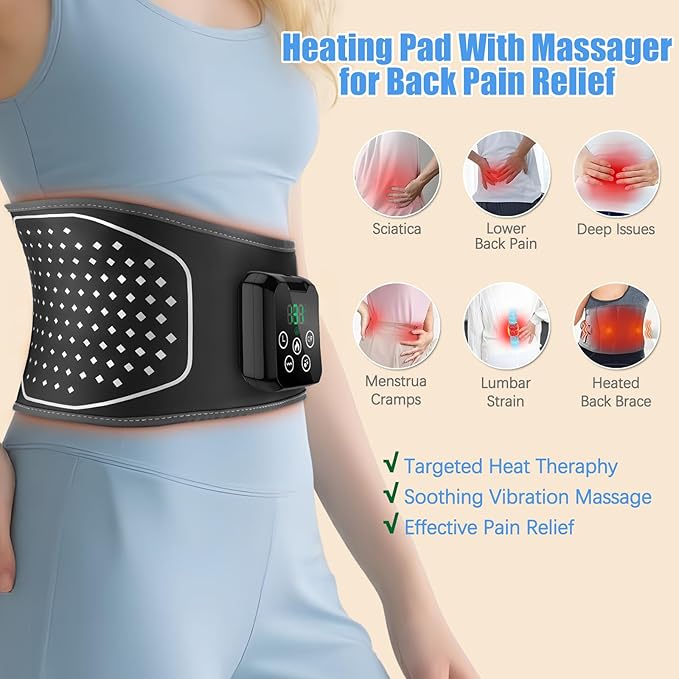 Cordless Hating Pad with Massager, Heating Pad for Back Pain Relief, Vibration Massage Heated Waist Belt Support, Portable Low Back Massager with 5 Heating Levels, Gifts for Women Men (Black-air)