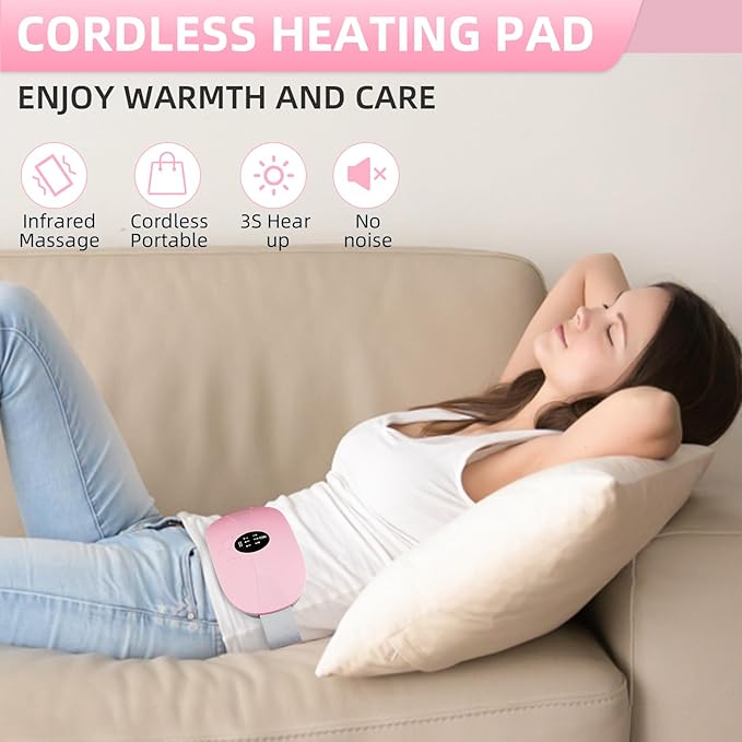 Portable Heating Pad for Period Cramps, Cordless Menstrual Heating Pad with 3 Heat Levels and 3 Vibration Massage Modes, for Period Pain for Her, Women and Girls (Light Pink)