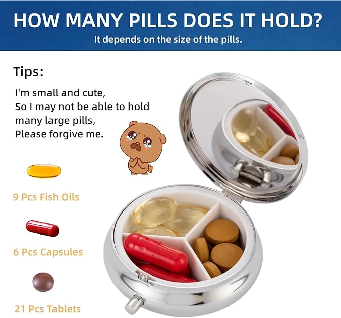 Pill Case Travel,Small Pill Box Container,Tiny Vitamin Holder Organizer,Crystal Round Pill Press Bottle, Pastilleros para Medicamentos(Red)