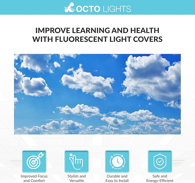 OCTO LIGHTS Fluorescent Light Covers Cloud Sky Panel for Ceiling Lights, Light Covers for Ceiling Lights Classroom 2x4 (22.38"x46.5") Backlit Film Insert for Fluorescent Light Fixtures (Pack of 10)