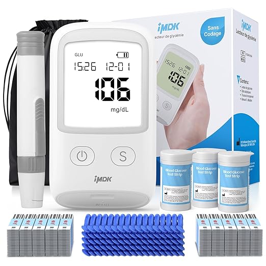 IMDK Blood Glucose Monitor Kit, 𝗖𝗹𝗶𝗻𝗶𝗰𝗮𝗹𝗹𝘆 𝗔𝗰𝗰𝘂𝗿𝗮𝘁𝗲 Blood Sugar Test Kit with 150*Glucometer Strips, 100*Lancets, 1*Lancing Devices, No Coding Required