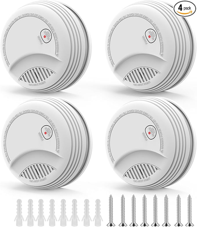 4 Pack Smoke Detector, Photoelectric Sensor Battery-powered Fire Smoke Alarm, LED warning light 85 dB alarm sound, low battery warning, mute and test buttons, suitable for living rooms, bedrooms, etc.