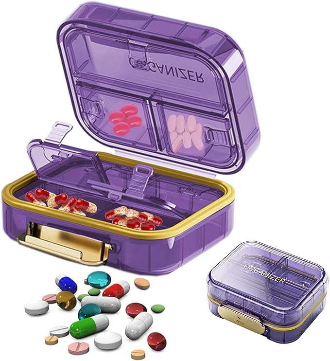 Daily Pill Organizer,7 Compartments Portable Travel Medicine Organizer,Moisture Proof Pill Case,Foldable Pill Box for Purse Pocket to Hold Vitamins,Cod Liver Oil,Supplements Medication (Purple)
