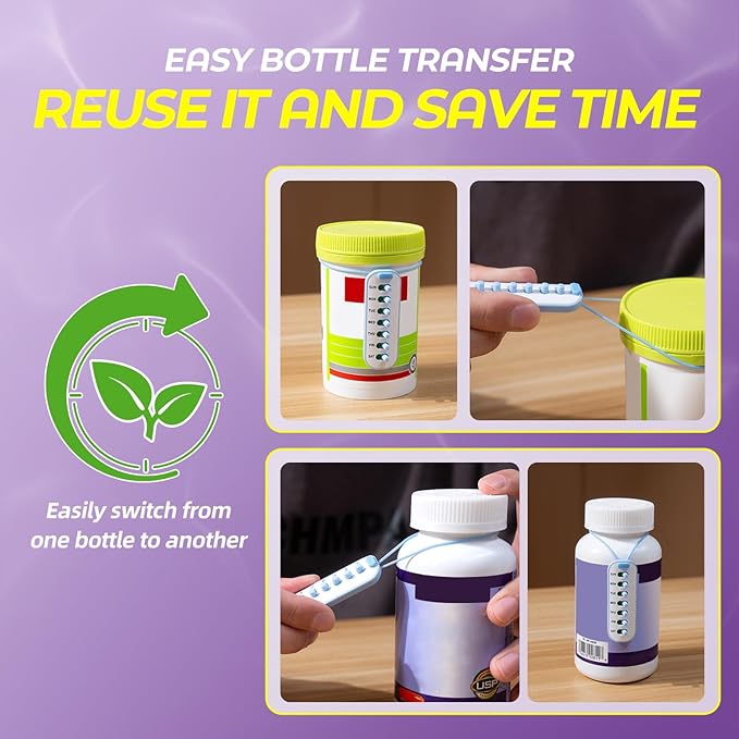 Odaro 6 Pack Pill Reminder, Lanyad or Sticker Pill Tracker, Work with Most Bottles, Reusable Medication Tracker Replacement of Vitamin Weekly (7 Day) Medicine Organizer