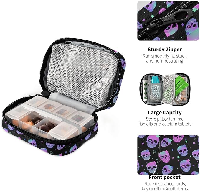 MNSRUU Pill Organizer Bag Weekly Pill Organizer Case Goth Stars Purple Skulls Portable Small Daily Pill Boxes for Vitamin Fish Oils Supplement Holder with Zipper Compact Size