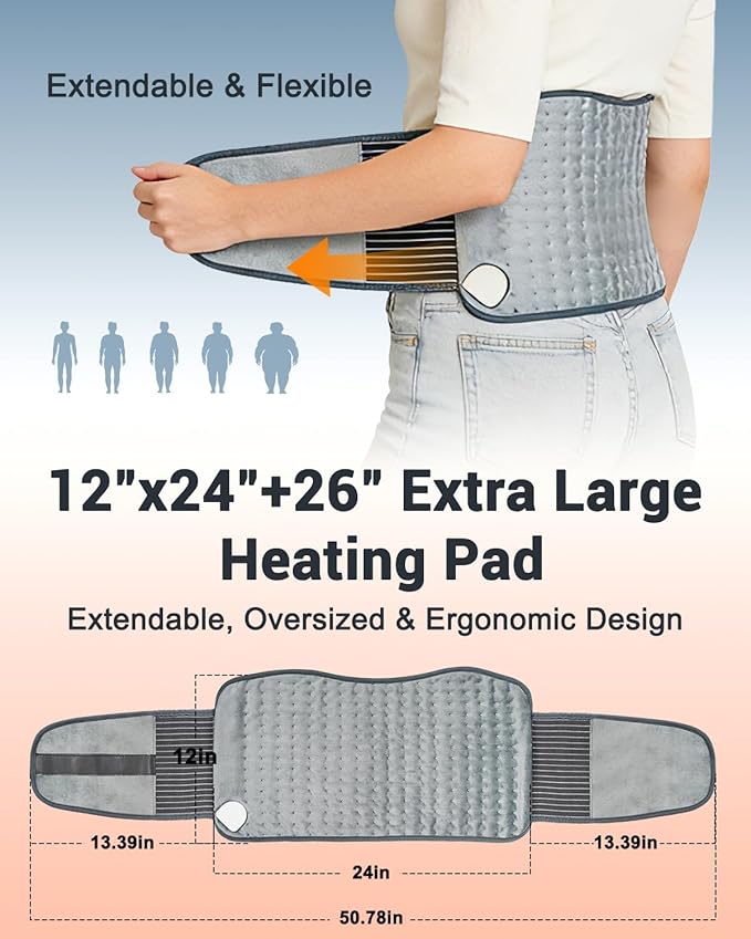 Heating Pad for Back Pain Relief, 12" x 24" + 26" XL Electric Heating Pad for Period Cramps with Loop Fastener for Hands-Free 360 Fit, 4 Timers & 6 Temperatures, Auto Shut-Off, Machine Washable