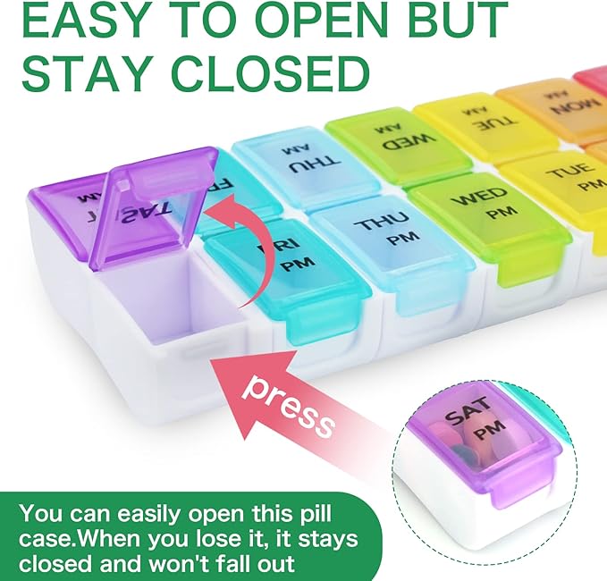 DailyRest Pill Organizer 2 Times a Day, Pill Box 7 Day, AM PM Pill Case, Detachable Weekly Pill Container, Rainbow See-Through Lids, Travel Portable Medicine Container for Pill/Vitamins/Supplements