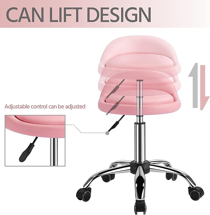 Yaheetech Height Adjustable Rolling Swivel Salon Stool Chair with Backrest Wheels for Tattoo Massage Facial Spa Manicure Dentist Clinic,Pink