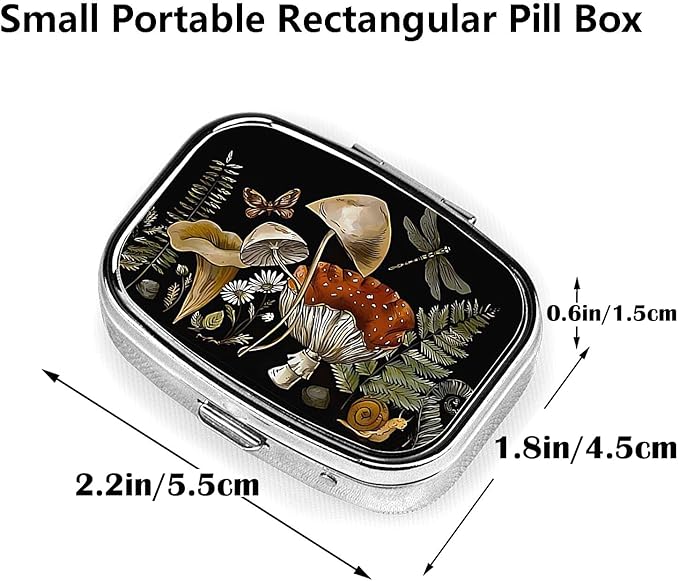 ABLESKY Pill Box, 2 Compartment Pill Organizer Case for Pocket or Purse, Small Portable Metal Travel Medicine Box with Mirror, Daily Vitamins Fish Oil Container-Retro Mushrooms