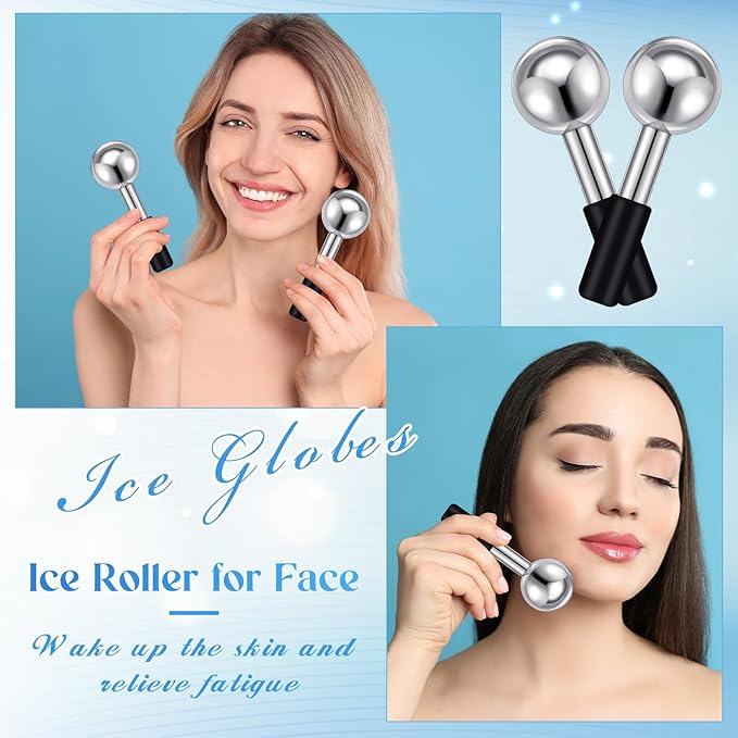 Baderke 2 Pcs Ice Globes for Face Stainless Steel Cooling Globes Unbreakable Cooling Roller Women Ice Balls Cryo Sticks Facials Skin Care for Dark Circles, Puffiness(Silver (Black Handle))