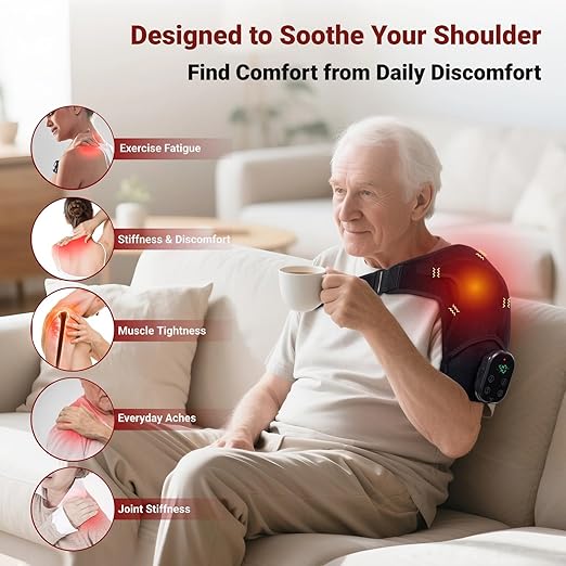 Cordless Shoulder Heating Pad with Massage, Red Light Massager for Soothe Discomfort, Heated Support Wrap for Muscle Comfort, Men & Women. (Black)