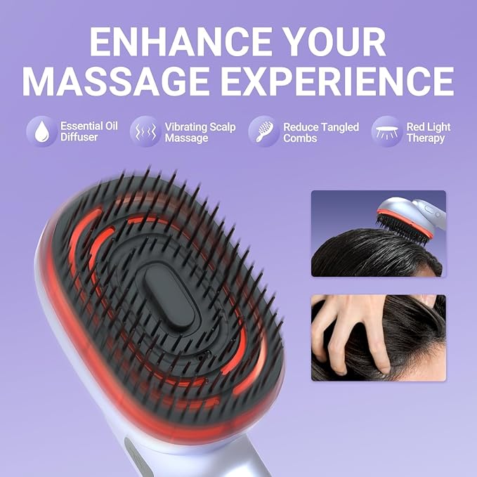 Electric Scalp Massage Brush with Red Light, Vibrating Hair Growth Massager, Portable Deep Brush Head Tool with Essential Oil Spray Function,Give Gifts to Parents and Family Members (Silvery)