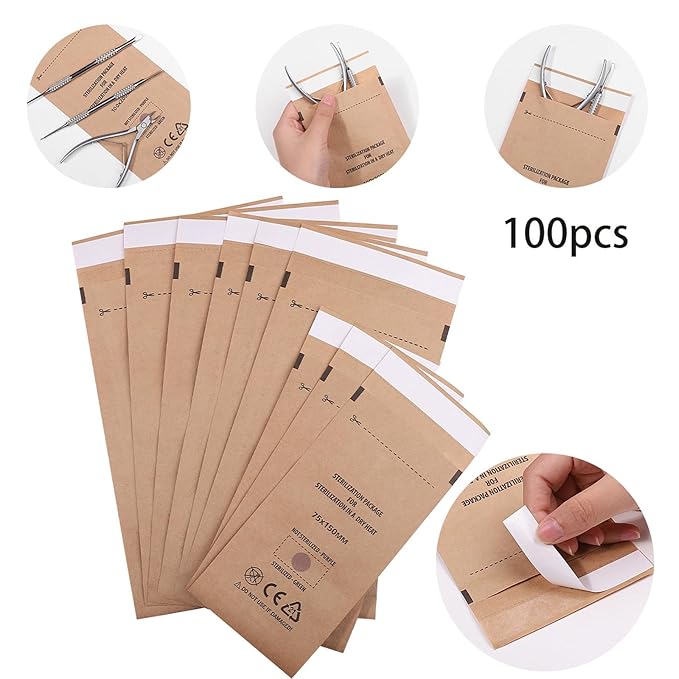 100 PCS 3.9x7.9" Self Seal Sterilization Pouch,Dental Sterilization Bags for Dental Tools,Nail Toolkits Cleaning Tools 1 Box of Paper Blue Film(100PCS 3.9x7.9"）