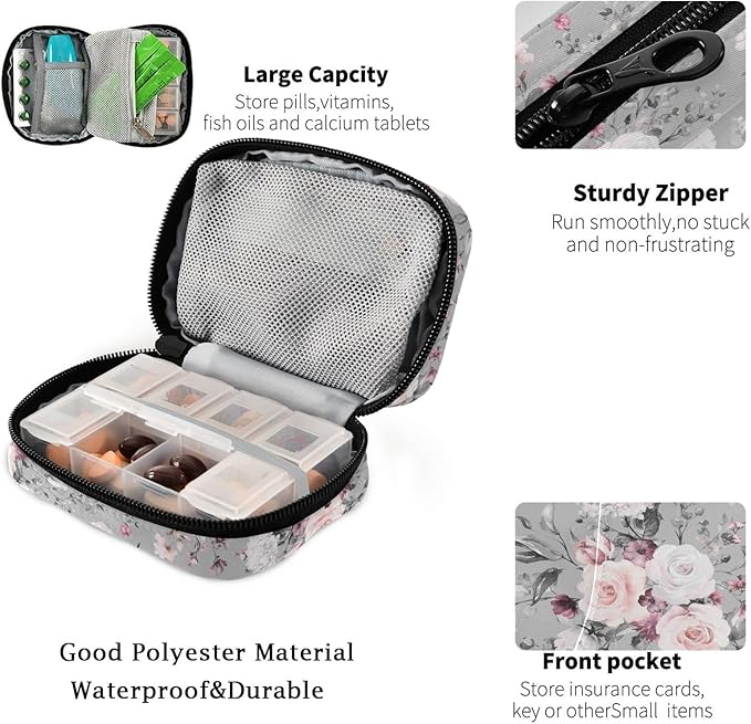 Fustylead Pink Rose Travel Pill Organizer Case Zipper for Purse with Removable Weekly Pill Box for Medicine, Vitamin, Supplement Medicine Organizer