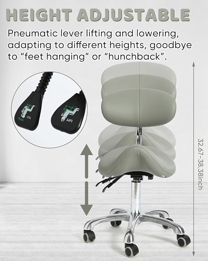 Adjustable Saddle Stool, ergonomically Designed Rotating Saddle Stool with Back Support, Rotating Rolling Base, Grey