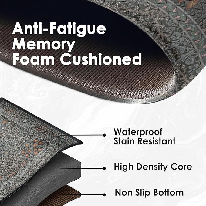 Arttown Kitchen Mats for Floor 2Pcs-Anti Fatigue Non Slip Mats for Kitchen Floor, Cushioned Waterproof & Stain-Resistant Plant Floral Mat Set, Laundry Room, Office, Sink, Desk (Dark Black)