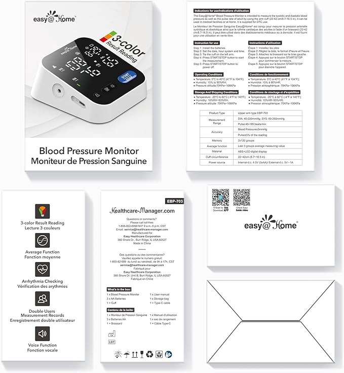 Easy@Home Blood Pressure Monitor for Home Use, Digital Talking BP Machine with Adjustable Voice, Large 3-Color LED Display, One-Touch Operation, Free MyHeartPal App, No Bluetooth, EBP-703