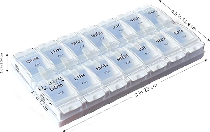 Healthaccessories Spanish Pill Box 7 Day Twice-a Day AM PM Weekly Pill Planner Organizer - Large Compartment Pill Boxes Store medications for Entire Week (Clear). Easy See Through. para un semana.