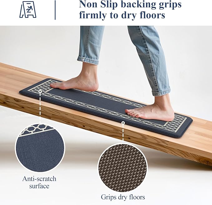 LEEVAN Kitchen Mats for Floor Set of 2,Anti Fatigue Mats for Kitchen Floor,Navy Blue Cushioned Non Slip Boho Standing Mat,Waterproof Memory Foam Comfort Kitchen Floor Mat for Sink(17"x29"+17"x47")