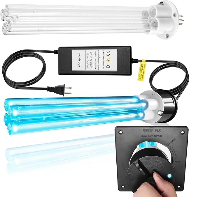 COOSPIDER Powerful 80W UVC Sanitizer Light for HVAC Duct with 1 Spare Bulb, High-Power Duct UV Light for Whole Room with Ceramic Base, Dual H-Tube Design for Long-Lasting Performance