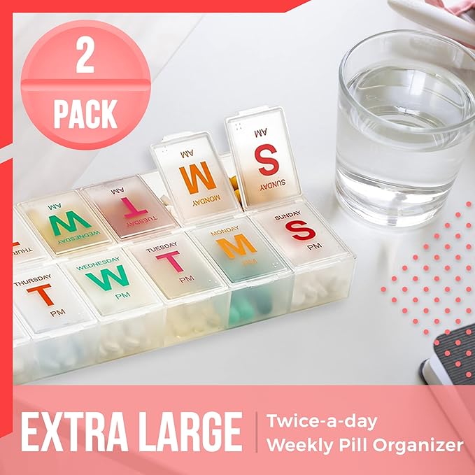 Large Weekly Pill Organizer - 2 Pack AM PM Pill Box - XL 7 Day Pill Organizer for Medication, Pills, Supplements with Braille, Bright, Easy to Read