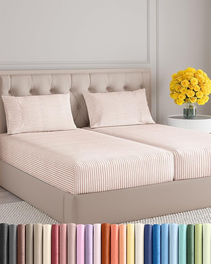 Split King Size 5 Piece Sheet Set - Extra Soft, Breathable & Cooling Sheets - Hotel Luxury Bed Sheets for Women & Men - Deep Pockets, Easy-Fit & Wrinkle-Free Sheets - Blush Stripes Oeko-Tex Bed Sheets