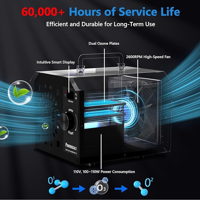 Powerscale Commercial Ozone Generator 150,000mg/h O3 Intelligent Control Industrial Ozone Machine Odor Removal Air Purifier Sterilization Large Homes Offices Ozone Odor Eliminator 16,000sq.ft. Black