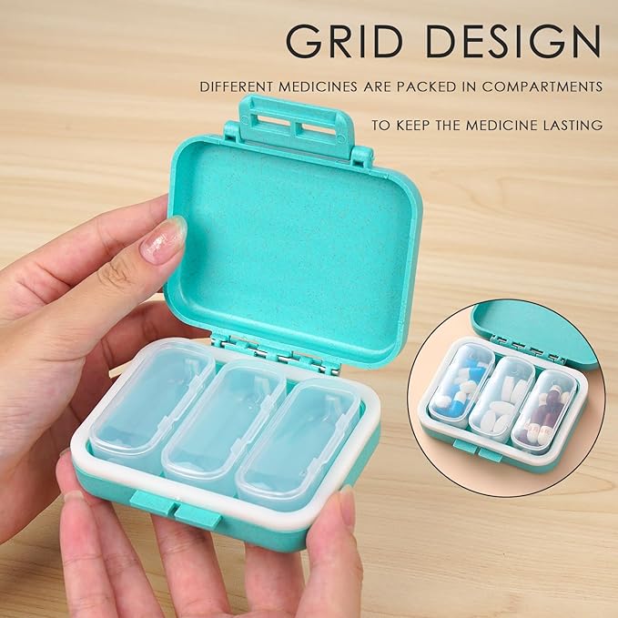 2-Pack Daily Pill Organizer, Wheat Straw Fiber Portable Medicine Case with 3 Removable Compartments & Labels (Green/Blue)