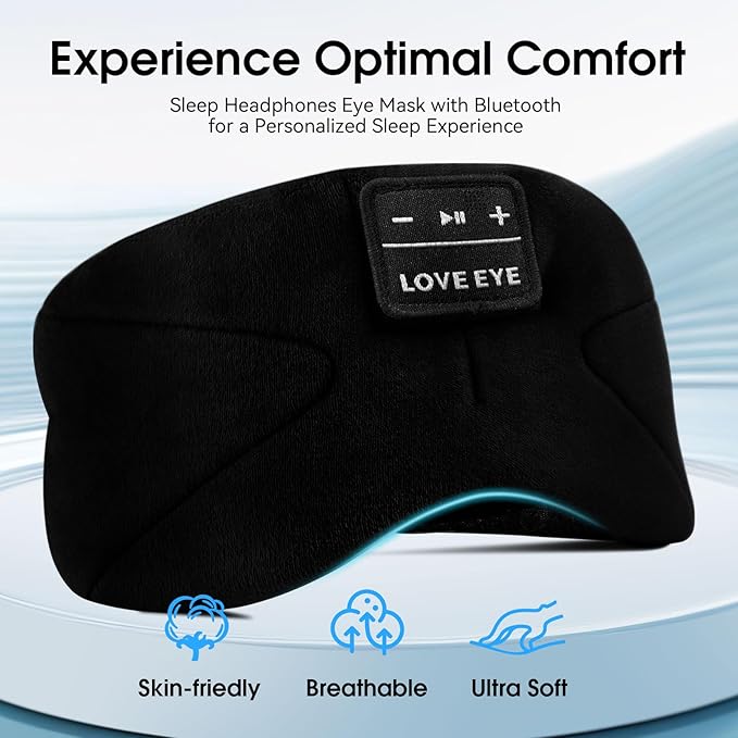 LOVE EYE Sleep Headphones Bluetooth 5.4 Sleeping Eye Mask Wireless Music Earphones with HD Speakers for Side Sleepers Total Blackout Cotton Mask for Travel, Home, Office, Unique Gifts