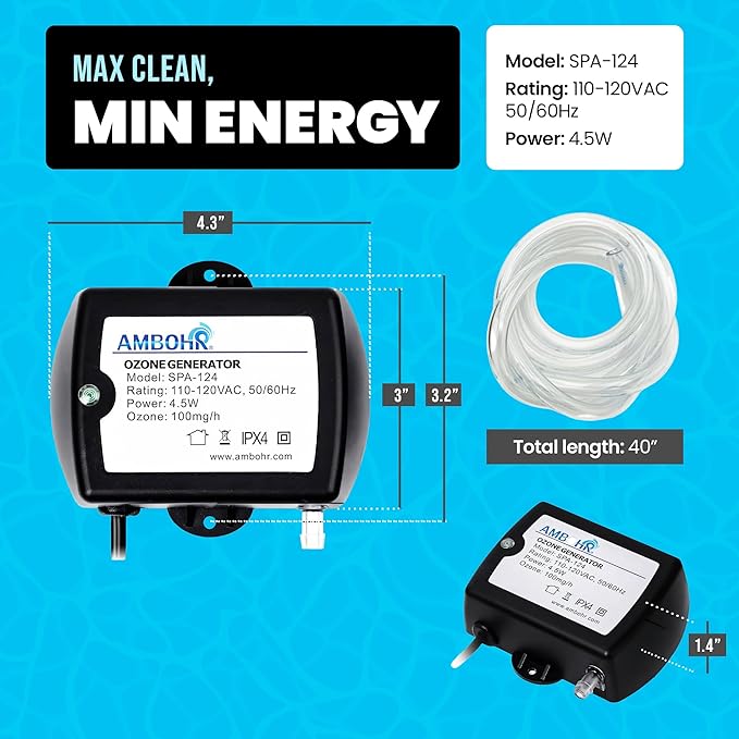 Cold Plunge Ozone Generator Ambohr SPA-124, 100mg/h Efficient Output Ozone Machine, Ozone Generator with Check Valve & PVC Hose for Cold Plunge, Ice Bath and Hot Tub