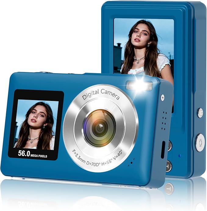 Digital Camera, 2026 Upgraded 56MP Dual Screens Camera for Selfies, 16X Zoom Travel Cameras with 32GB SD Card, Anti Shake Compact Vlogging Cameras for Boys Girls Kids Teens Adults