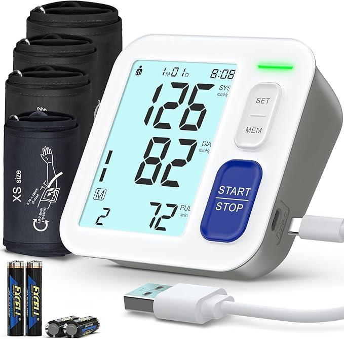 Blood Pressure Machine Upper Arm, 4 Size Cuffs Included, XS 4"-7.5", Small 7"-9", Medium 9"-17" and Extra Large XL Cuff 13"-21", Accurate Automatic Digital BP Monitor Home Use, Large Backlit LCD