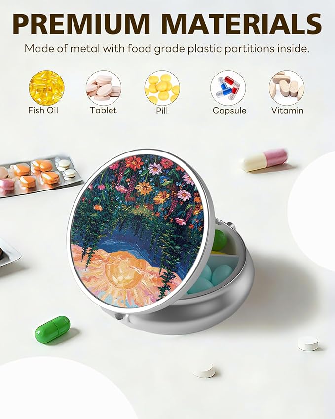 LRITER Pill Case, Portable Travel Pill Box, Pillbox Organizer, Cute Small Medicine Storage Container, Purse Accessories for Women, Men (Sunrise Forest)