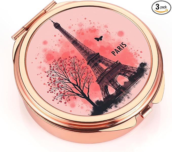 Dynippy Pill Case Pill Box with Mirror Pocket 3 Compartment Medicine Case Vitamin Pill Organizer for Pocket Purse and Travel (Round, Rose Gold-Paris Eiffel)