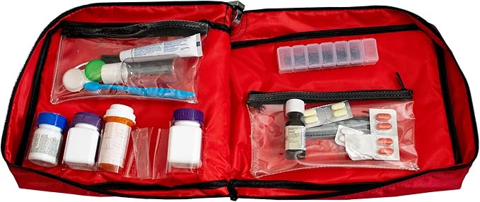 Large Medicine Bag Includes Pill Box and Removable Clear Bags, Prescription Bottle Organizer, Travel Carry Case, Standard Lock,12 x 10 x 2 Inch (Red)