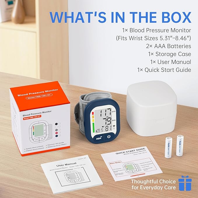 Blood Pressure Monitor Adjustable Wrist Cuff for Home Use Automatic BP Machine Large Digital LCD Display 199 Memory Batteries Included with Carrying Case, Navy