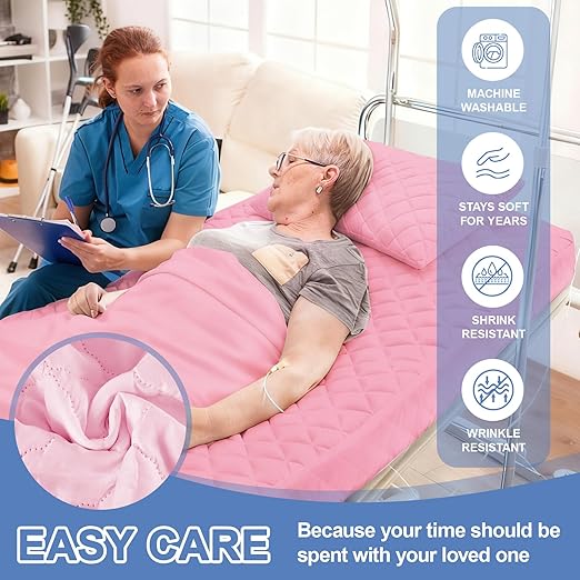 Lounsweer 3 Piece Hospital Bed Sheet Set, Pink Waterproof Bed Sheet Set, Incontinence Protection for Home and Hospital Use, Include 1 Fitted 36" x 84" x 12" 1 Flat and 1 Pillowcase