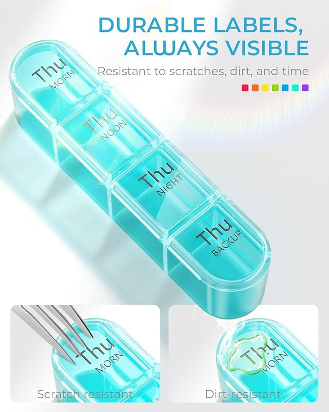 Odaro Weekly Pill Organizer 4 Times a Day, Daily Pill Box 7 Day, Large Travel Pill Case with 28 Compartment to Hold Medicine, Vitamin and Supplement - Blue Case
