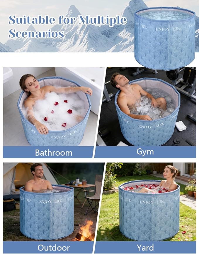 Portable Bathtub for Adults, Collapsible Freestanding Bathtub for Shower, Hot Ice Bath Tubs with Thickened Thermal Foam to Keep Temperature, PVC Outdoor Soaking Tub (Blue)
